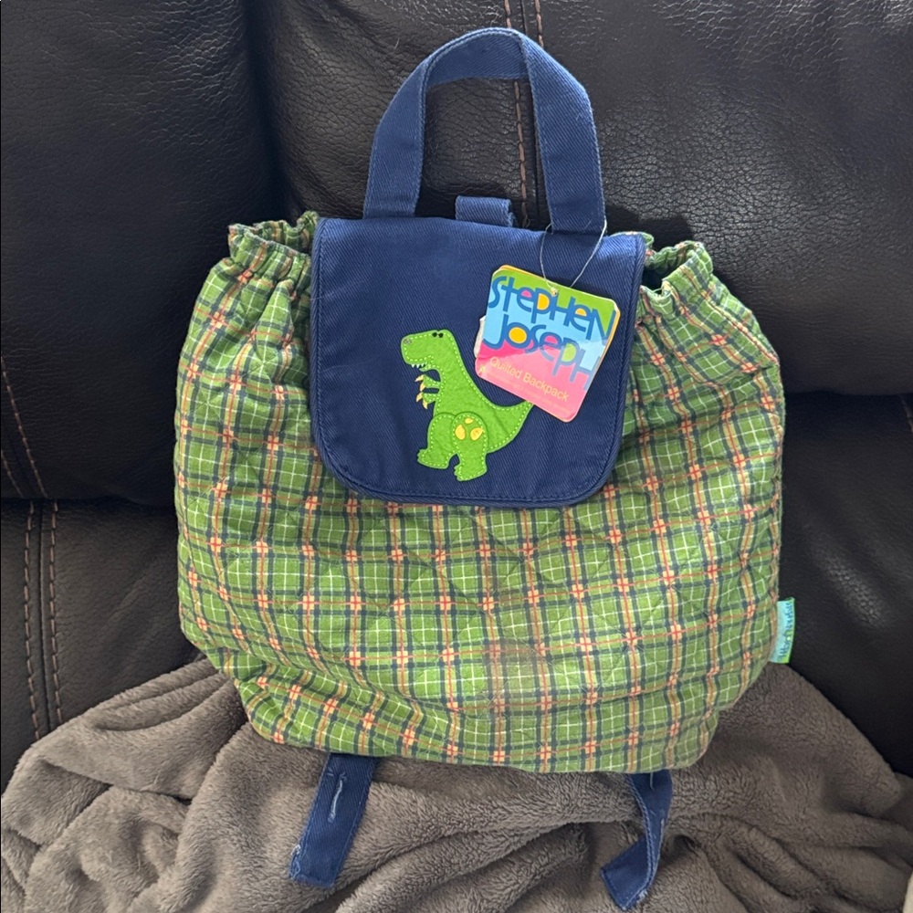 Stephen Joseph Quilted Kids Backpack Green Blue Plaid Dinosaur